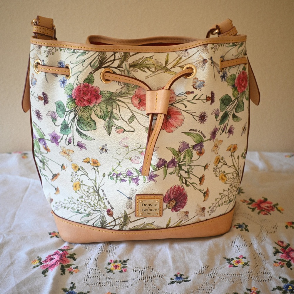 Dooney & Bourke Botanical Floral Cream Drawstring Bucket Bag Tan Leather Trim